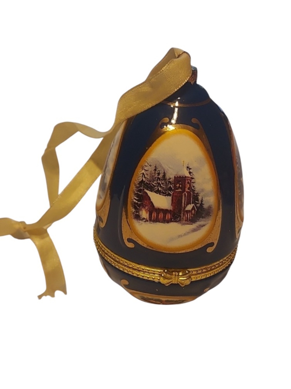 Vintage Christmas Porcelain Musical Egg Christmas Tree Ornament Blue Music/ Trin